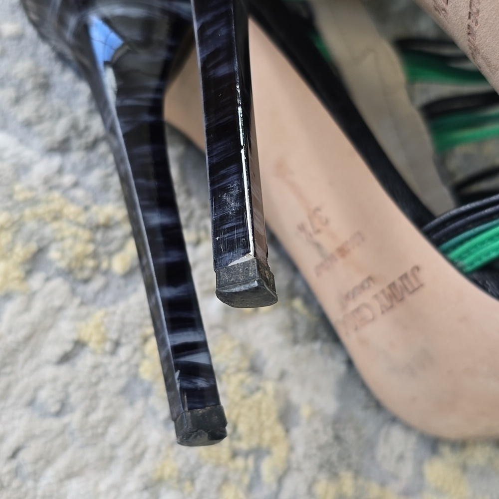 Jimmy Choo Black/Green Leather Corsica Ankle Strap Sandals Size 37.5 - Picture 11 of 17